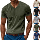 HEARUJOY - Summer Men's Corduroy T-shirts Short Sleeve V-neck Tee Tops Streetwear Fashion Vintage Skin Friendly Breathable Casual Tshirts