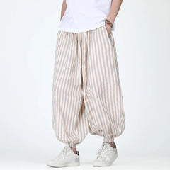 HEARUJOY - Men Casual Harem Pants Man Stripe Loose Jogging Pants Male Streetwear Cotton Linen Trousers Man Harajuku Wide Leg Pants