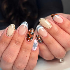 YICKYUE - 30Pcs False Nails Almond-Shaped Polka Dot Gray-Blue French and Leopard Print Press-On Nails—Perfect As A Gift for Girls