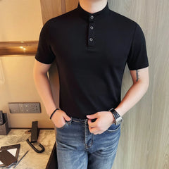 HEARUJOY - Men's 65% Cotton Henley Collar Short Sleeve Polo Shirt Summer Solid Color Stand Neck Tee, Versatile Casual & Smart Styling