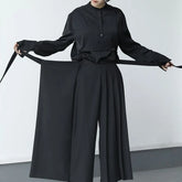 HEARUJOY - Darkness Versatile Slim Pleated Nine-Point Wide-Leg Pants Unisex Double-Layer High-Waisted Loose Tight-Waisted Straight Culottes