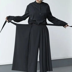 HEARUJOY - Darkness Versatile Slim Pleated Nine-Point Wide-Leg Pants Unisex Double-Layer High-Waisted Loose Tight-Waisted Straight Culottes
