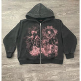 Hearujoy Y2k new wing character print black hooded sweatshirt American retro long-sleeved high street loose sports and leisure sweatshirt