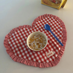 YICKYUE - Placemats Dining Table Korean Plaid Heart-shaped Placemat Water Cup Mat Cute Pleated Lace Mat Fabric Coaster Dining Mat