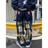 Hearujoy Y2k letter star print jeans women's original atmosphere American style zipper high waist hip-hop loose retro straight-leg pants