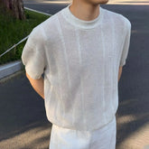 HEARUJOY - Men's Knitted Solid Color Short-Sleeved T-Shirt American Fashion Trend Casual Simple Loose Breathable Summer New Men's Tops