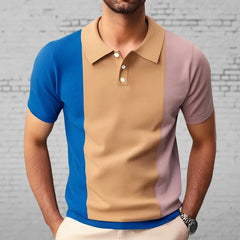 HEARUJOY - Summer New Mens contrast color Polo Shirts Knitwear Fashion Patchwork Knit Tops Short Sleeve Button Lapel Polo Tee Tshirt