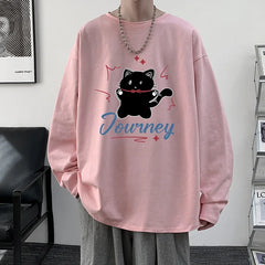 HEARUJOY - Men's Plain T-shirts Cotton Full Sleeves 5XL Fashion White Mens Oversized T Shirt Casual Wear Funny Cat Print Tee Shirts for Men