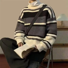 HEARUJOY - Men's Retro Striped Contrast Thickened Trendy Brand Loose Sweater Jacket