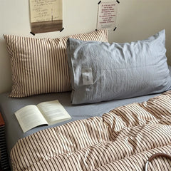 YICKYUE - 3/4pc New Mix Color Striped Bedding Set Washed Cotton Duvet Cover Set+Sheet+Pillowcases for Single Full Queen Home Bedlinens