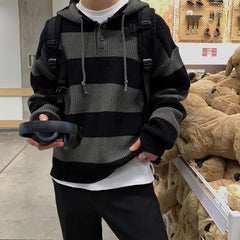 YICKYUE - Retro Korean Knitted Sweatshirt Men Stripe Stitching Hooded Polo Knitwear Autumn Long Sleeve Casual Loose Sweater Top streetwear
