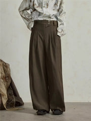 HEARUJOY - Mens Wide Leg Pants Retro Simplicity High Waisted Fashion Straight Leg Suit Trousers Button Trend Solid Pantalones Thin