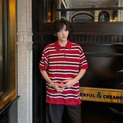 HEARUJOY - Trendy Men's Contrast Color Striped Buttons Design Loose T-shirt Fashion Casual Lapel Short Sleeves Tops Male Summer