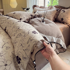 YICKYUE - 4-pcs Set with Linen Touch, Pure Polyester Material Ruffled Romantic Bow Design Girl Woman Bedroom Bedding Set Colored Flowers