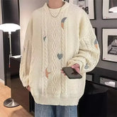 HEARUJOY - Retro Japanese Style Knitted Sweater for Men with Braided Design And Embroidery Oversize Lazy Style New Autumn Winter Collection