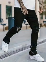 HEARUJOY - Men's Slim Fit Black Jeans - Street Style, Cotton Blend, Mid-Stretch Fabric, Ripped Detail, All-Season Wear
