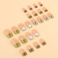 YICKYUE - Press On Nails 24 Pcs Geometric French Resin False Nails Matcha Green Brown Polka Dot Stripe Reusable Removable Tips For Women