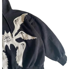 Hearujoy Y2K Gothic Embroidery Pattern Zip Up Hoodie American Vintage Sweatshirt Men’s Street Hip Hop Harajuku Punk Trend Loose Pullover