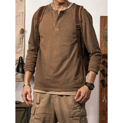 HEARUJOY - American Retro Henry Neck Long-sleeved T-shirt Spring and Autumn New Men's Solid Color Loose Base Shirt Underwear Top