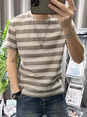 HEARUJOY - Man Tee Shirts O Neck Striped Apricot Cotton Linen T Shirt for Men Short Quarter Sleeve Summer Basic Cheap Clothes Ordinary Top