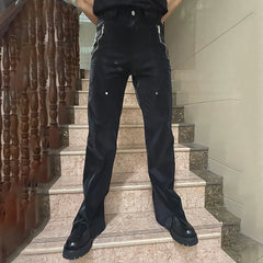 Hearujoy Street Y2K Pants American Retro Faux Leather Pants Men's Punk Rivet Design Trousers Trend High Waist Loose Gloss Straight Pants