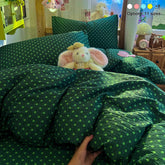 YICKYUE - Dark‑Green Polka‑Dot Bubble Crinkle Microfiber Bedding Set,1 Duvet Cover,1 Flat Sheet & 2 Pillowcases,Soft Breathable Bed Linens