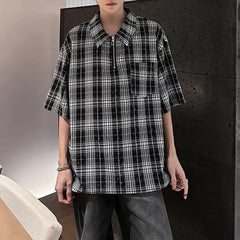 HEARUJOY - Mens Hot Diamond Plaid Half-Zip Casual Shirt Streetwear Fashion Youth Campus Versatile Short-Sleeve Tops Men'S Clothing 2025 New