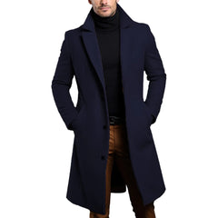 HEARUJOY - Long Black Trench Slim Jacket Mens Single Breasted Solid Vintage Full Sleeve Overcoats Tops Keep Warm