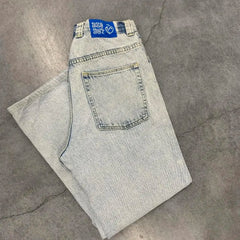 Hearujoy Hip Hop Polar Big Boy Jeans Y2K Pants Mens Gothic Cartoon Embroidery Retro Blue Baggy Jeans New High Waist Wide Leg Trouser