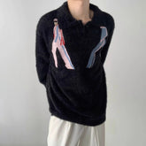 Hearujoy Mens Autumn Winter Lazy Style Thickened Embroidered Knitted Sweater Essential Gender-Neutral Loose Lapel Niche Knitted Sweater