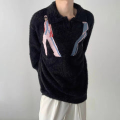 Hearujoy Mens Autumn Winter Lazy Style Thickened Embroidered Knitted Sweater Essential Gender-Neutral Loose Lapel Niche Knitted Sweater