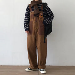 Hearujoy Mens Japanese Workwear Style Casual Jumpsuit 2024 New Genderless Fashion Trend Loose Color Blocking Versatile Overalls Unisex