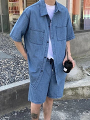 HEARUJOY - Japanese Man Sets Work Clothes Loose Cool Two-piece Set New in Matching Elastic Baggy Korean Stylish Shirts Shorts Suits for Men