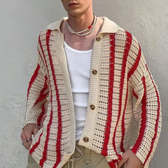 Hearujoy Fashion Stitching Contrast Knitted Cardigan Men's Lapel Collar Niche Design Retro Sweater Unisex Coat Versatile Striped Knitwear