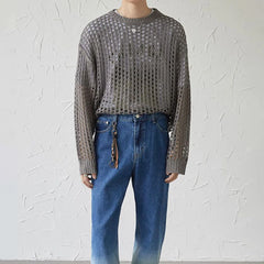 Hearujoy 2024 New Men's Vintage Loose Smock Tops Summer Fashion All-match Casual Geometic Hollow Out Outfits See-though Knit Shirts
