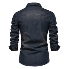 HEARUJOY - Shirts Tops Men Shirt Slim Fit Solid Turn Down Collar Full Sleeve Single Breasted Simple Button Casual Splice Regular Top
