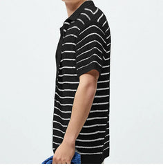 HEARUJOY - Men Luxury Hollow Knitwear Polo Shirt Short Sleeve Casual Streetwear Button Down Breathable Striped Contrast Knit Cardigan Tops