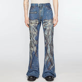 Hearujoy Butterfly Knot Rivet Print Blue Washed Baggy Flare Jeans for Men and Women Streetwear Patchwork Loose Denim Trousers