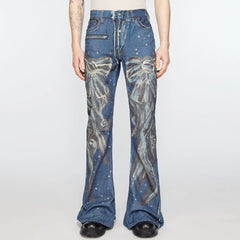 Hearujoy Butterfly Knot Rivet Print Blue Washed Baggy Flare Jeans for Men and Women Streetwear Patchwork Loose Denim Trousers