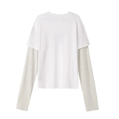 Hearujoy Fake Two Pieces Long Sleeved Tee Mens and Womens Wings Oversized Washed Cotton Casual Top Tees Round Neck Loose T-shirt