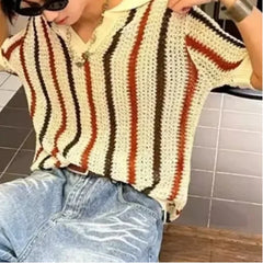 HEARUJOY - Men's Summer Fashion Striped Color Block Openwork Knit Polo Shirt Casual Short Sleeve Thick Needle Top