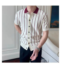 HEARUJOY - Men's Knitted Stripe Short Sleeve T-Shirt, New Summer Fashion Trendy Brand Youth Versatile Casual Polo Shirt