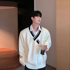 Hearujoy Men's Clothing Korean Popular Knitted V Neck Long Sleeve Patchwork Pullover Sweaters Light Luxury Leisure Preppy Knitwear M-3XL