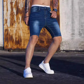 HEARUJOY - Men New Denim Shorts Knee Length Shorts Zipper Fly Solid Mid Waist Summer Spliced Pockets Casual Distressed Washed Skinny 2025