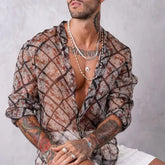 Hearujoy Men Shirt Printing Mesh Transparent Stand Collar Long Sleeve Streetwear Men Clothing 2024 Fashion Casual Camisas S-4XL