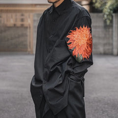 Hearujoy Mens Autumn And Winter Japanese Red Dahlia Embroidered Shirt Floral Retro Essential Dark Style Long-Sleeved Shirt For Men