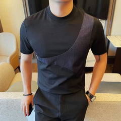 HEARUJOY - Men's Stretch Cotton Crew Neck Tee Metallic Belt Accent 69% Cotton Urban Streetwear Top Asymmetric Panel Tailored Hem