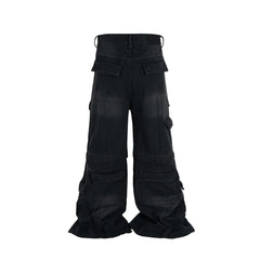 Hearujoy Vintage Washed Detachable Flared Cargos Mens Straight Casual Baggy Overalls Oversized Streetwear Boot Cut Black Color Trousers