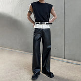 Hearujoy Mens Genderless Biker Black White Spliced Leather Pants Sexy Nightclub Contrast Color High Waisted Straight Leg Leather Pants