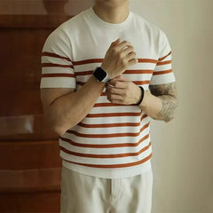 HEARUJOY - Summer Men's Fashion Casual Knitwear Versatile Top Striped Knitted Short Sleeved T-shirt Slim Fit O-Neck Retro Ice Silk Tee